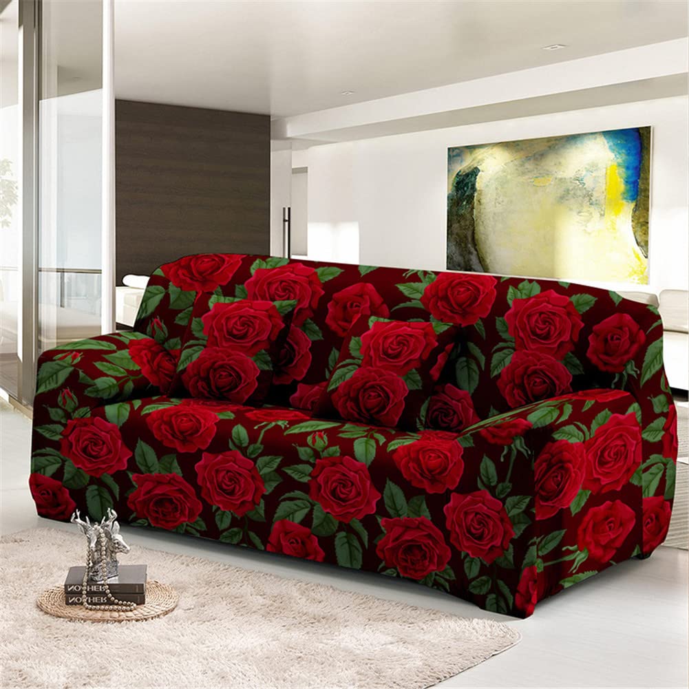 Chickwing Slipcovers Sofa Cover Flowers Printed Settee Couch Sets, Chickwin 1/2/3/4 Seater Sofa Covers Stretch Fabric Elastic Pet Protector Chair Slipcovers for Sofas Home Decor (Red rose,3 Seater)