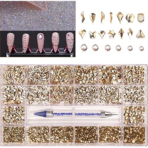 8000Pcs Mini 1.2mm Nail Rhinestones Sand Nail Diamonds Micro Pixie Crystals for Nails+Champagne Gold Nail Rhinestones Gems Stones Jewels Multi Round Shape for Nail Art Crafts with Wax Pen HINABTRU Cover