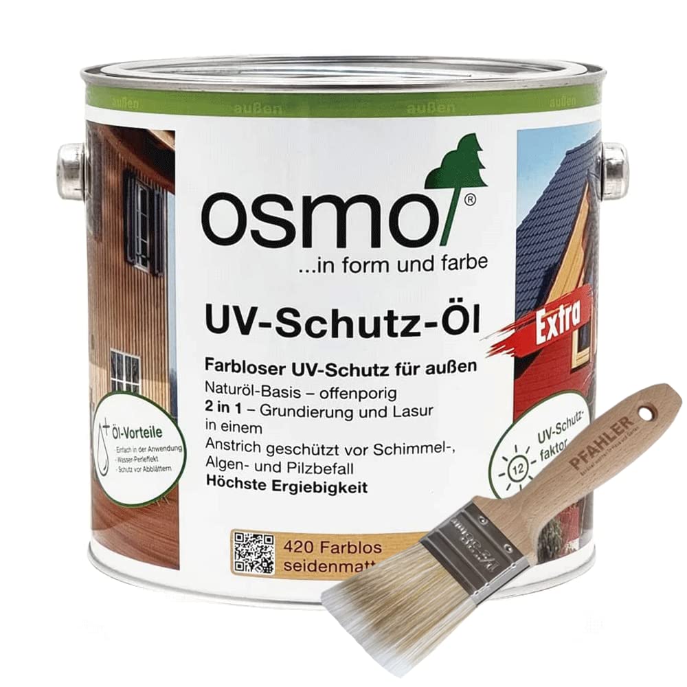 Osmo UV-Schutz-Öl Extra 420 Farblos für außen 2,5 l + Flächenstreicher Pinsel von Pfahler Gratis