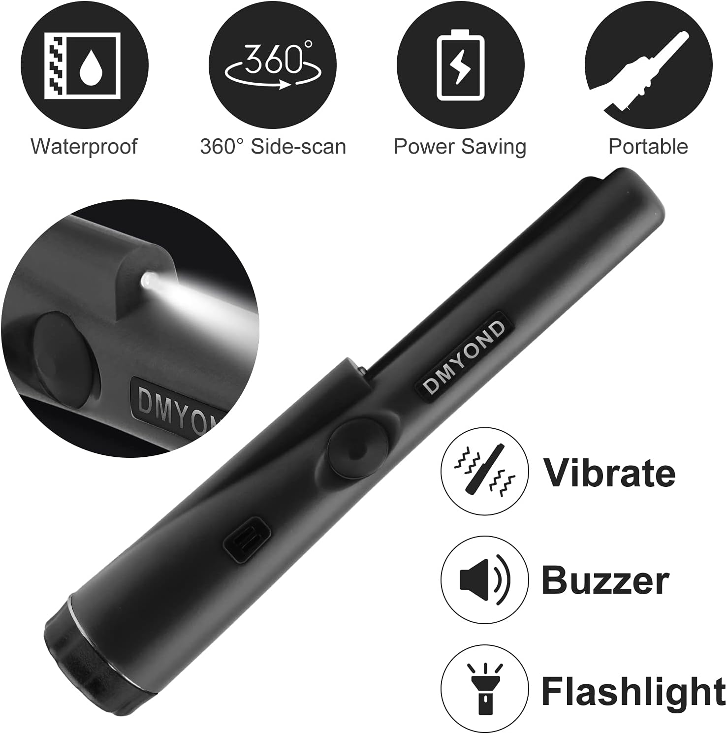 Metal Detector Pinpointer, Professional Waterproof Handheld Pin Pointer Wand, Search Treasure Pinpointing Finder Probe with 9V Battery and LED for Adults, Kids - Black