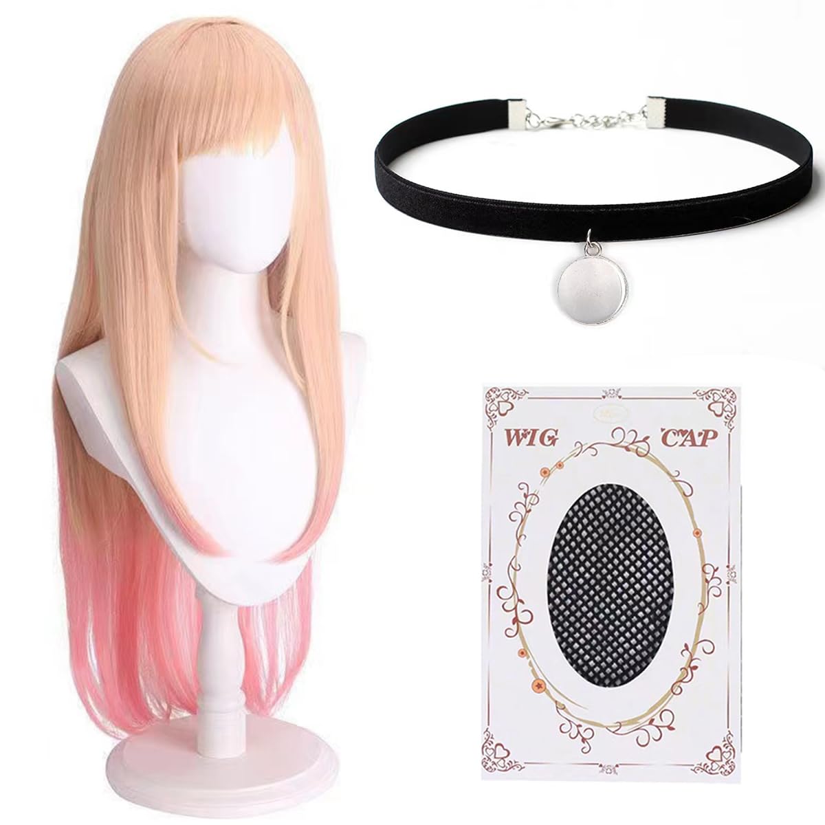 Marin Kitagawa Cosplay Wig with Necklace Long Blonde Pink Wig with Straight Hair and Bangs - Perfect for Halloween Parties