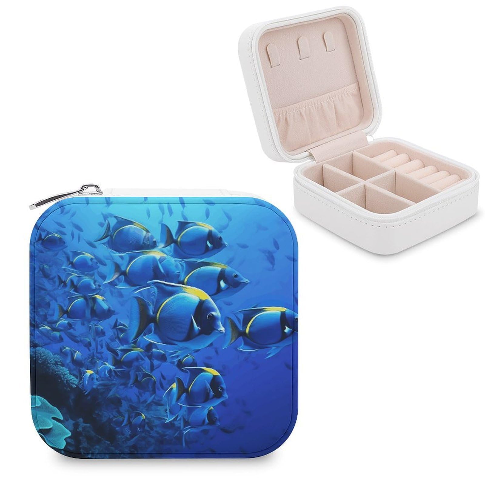 JTREHY Travel Blue Fishes Ocean Jewelry Case Portable Display Storage Box PU Leather Mini Jewelry Travel Case Personalized Travel Jewelry Organizer Small Jewelry Box for Women