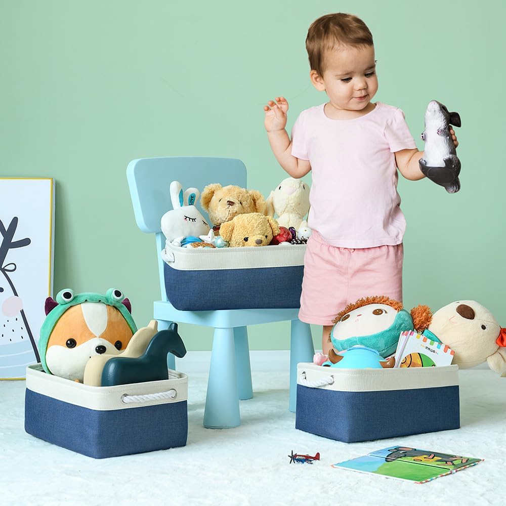 TheWarmHome Storage Basket for Organizing - Medium 3 Pack 14x10x7 inch Fabric Storage Cubes for Shelves with Rope, Collapsible Storage Bin for Organizer Closet Cloth Gift Toy (White & Jean Blue) - Image 4