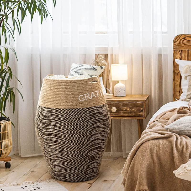 Image of GRATIFY Tall Laundry Hamper | Woven Jute Rope Dirty Clothes Hamper Modern Hamper Basket Large in Laundry Room, (Mix Dark Brown 18x 16 Inch)