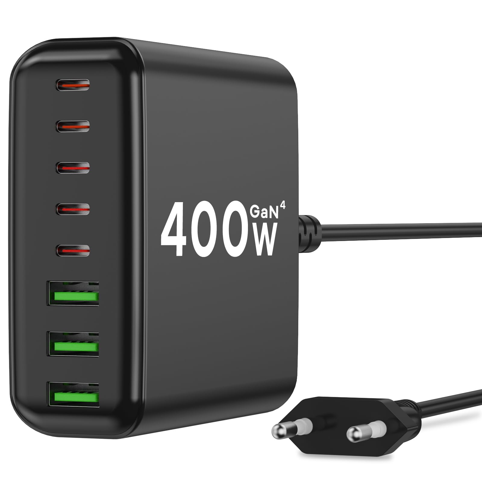 Chargeur USB C 400 W, GaN IV 8 ports, chargeur rapide, 400 W, 8 ports, compatible avec MacBook Pro/Air, iPad Pro/Air, iPhone, Android, etc. (noir, 8 ports-400 W)
