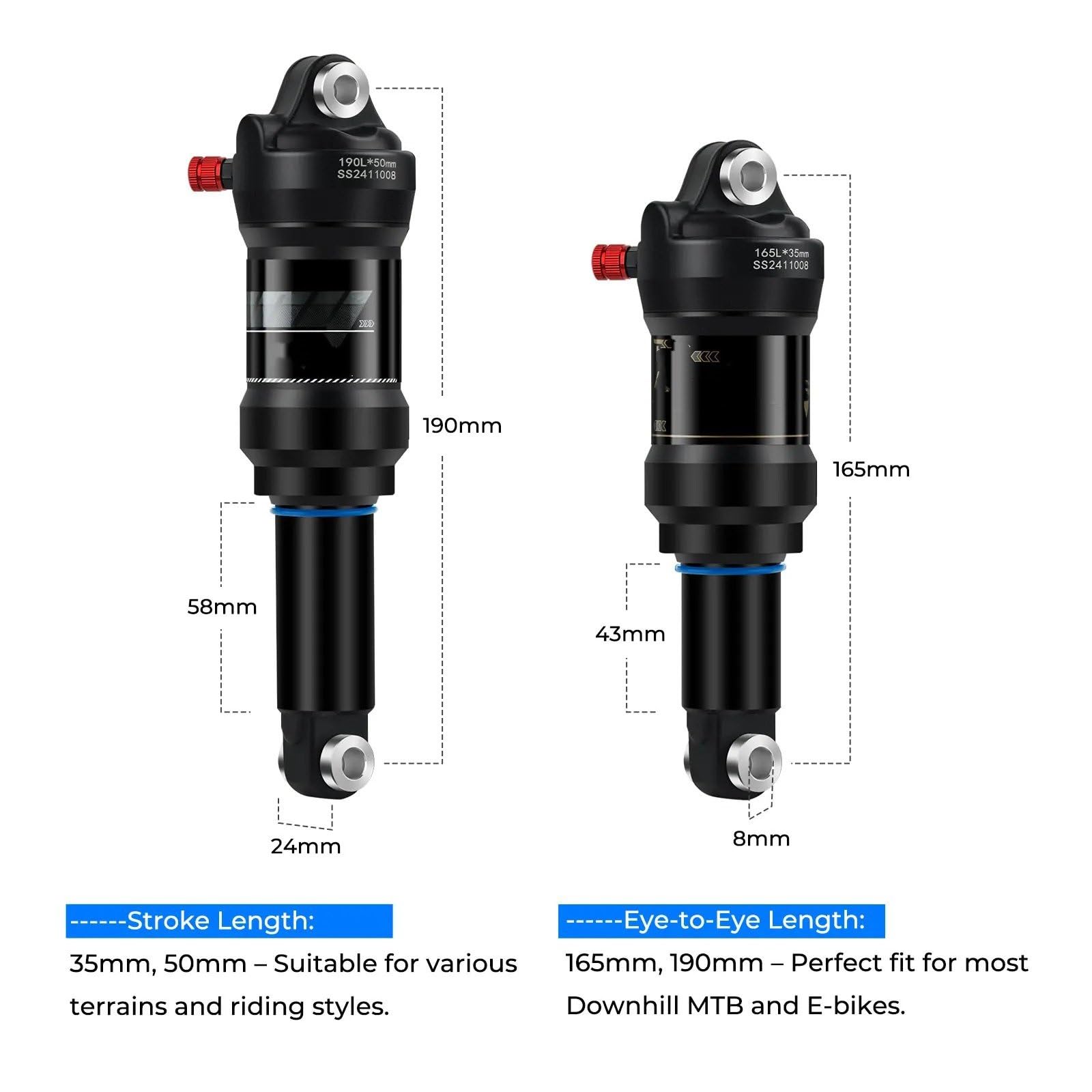 suspensión neumática trasera amortiguadores Suspensión Neumática Trasera Para Bicicleta Montaña, Amortiguador Compresión Ajustable Para Bicicleta Eléctrica Montaña 165Mm 190Mm.(165MM-White)