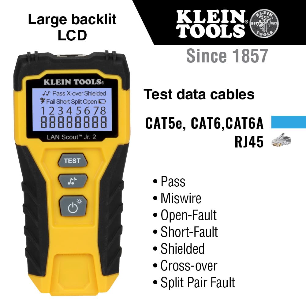 Klein Tools VDV526‑200E | V LAN Scout Jr. 2 Kabeltester | Für Cat 3–7 Netzwerkkabel | RJ45 Test & Toner | LCD mit Hintergrundbeleuchtung | Remote & Batterien inkl | Kompaktes robustes Design