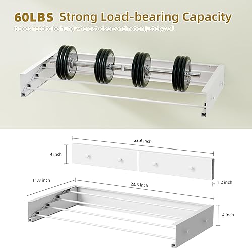 Miniatura 6 de Tendedero de pared para lavandería de 23.6 pulgadas, tendedero plegable para secar ropa montado en la pared con 4 ganchos para toallas y 4 varillas,