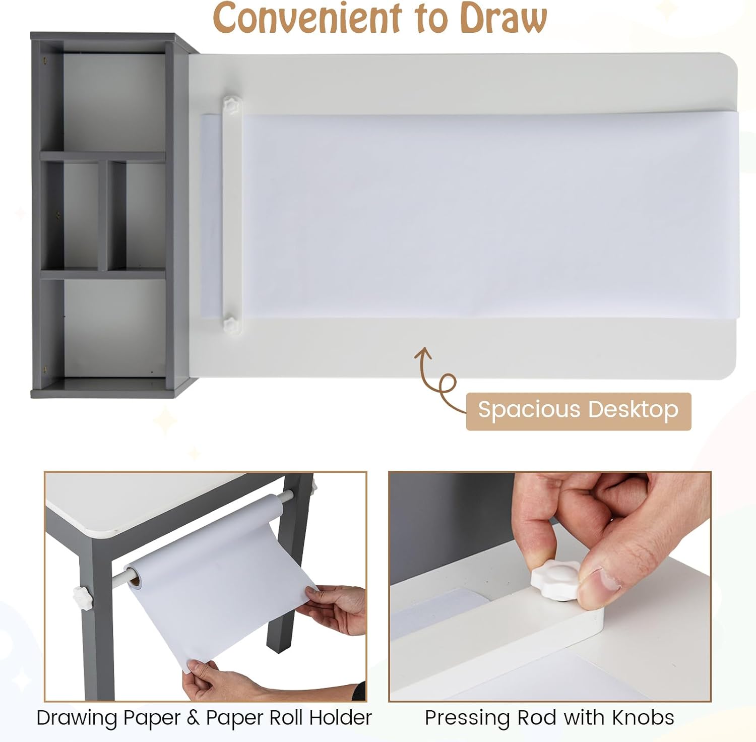 Costzon Kids Table and Chairs, 3 in 1 Wooden Art Drawing Desk Set w/ 4 Fabric Bins, Multiple Open Storage Compartments & a Paper Roll, Toddler Table and Chair Set for Children Playroom(Grey)