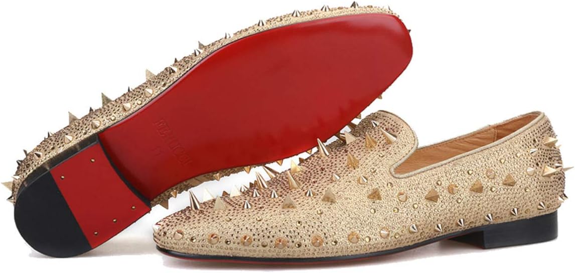 Men Gold Spikes Slippers Loafers Flat with Crystal GZ Rhinestone