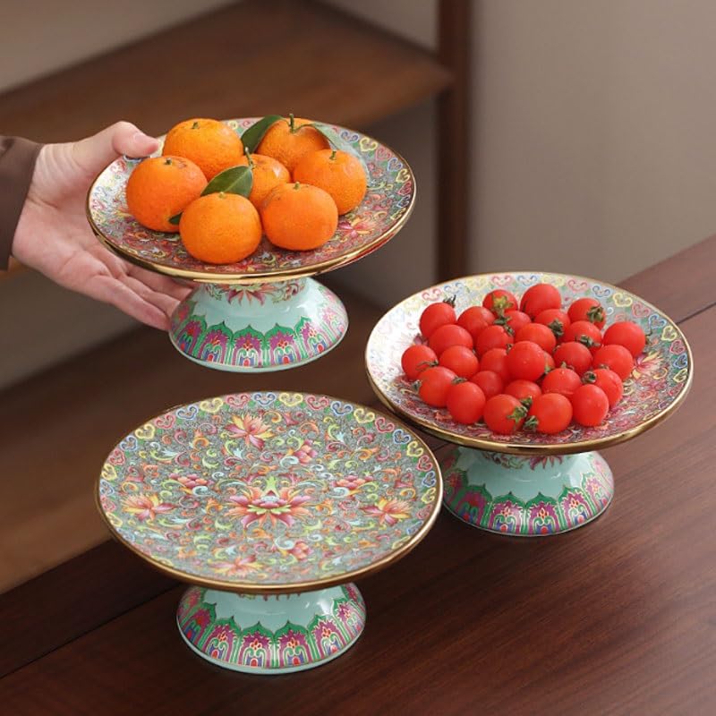 kryształowa miska na owoce, Emaliowany kolorowy chiński talerz na owoce Wysoka stopka Ceramiczna przekąska Herbata Dim Sum