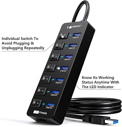 Miniatura 4 de Hub USB 3.0 alimentado, concentradores VEMONT de 7 puertos múltiples USB y 1 puerto de carga inteligente USB con fuente de alimentación de 5 V3 A,