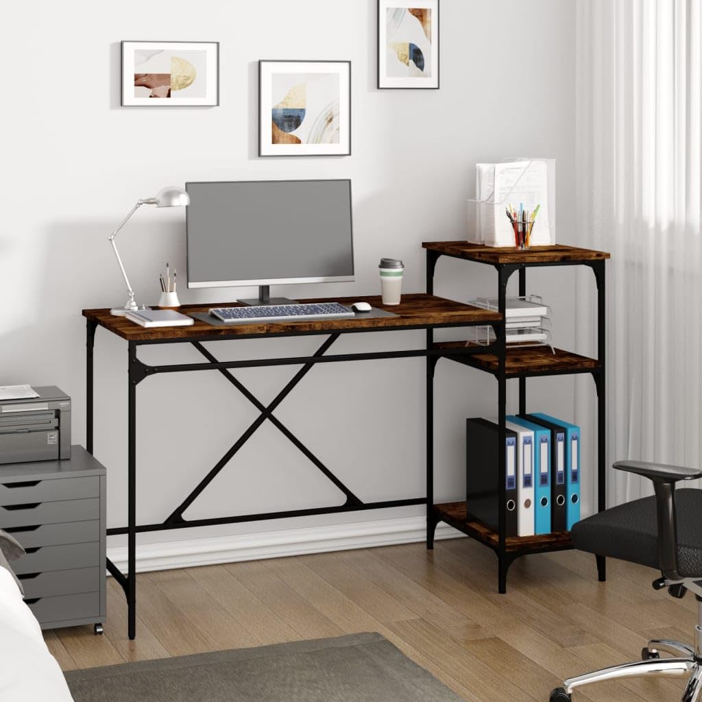 Escritorio de 135 x 50 x 90 cm de estilo industrial de madera con marco de hierro, 3 estantes para un amplio espacio de almacenamiento, gran superficie de trabajo y soporte de pared