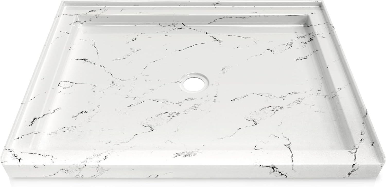 CKB 48x36 Inch Shower Base, Center Drain Shower Pan and Single Threshold, Acrylic Fiberglass Reinforced Non-Slip Alcove Tray with Integrated Flange, Carrara Marble White Look