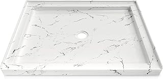 CKB 48x36 Inch Shower Base, Center Drain Shower Pan and Single Threshold, Acrylic Fiberglass Reinforced Non-Slip Alcove Tray with Integrated Flange, Carrara Marble White Look