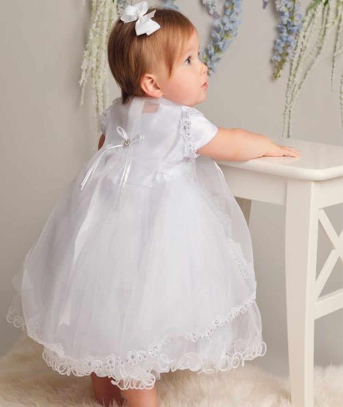 Baby Girls Christening Dress Set with Sequin Details – White Baptism Outfit