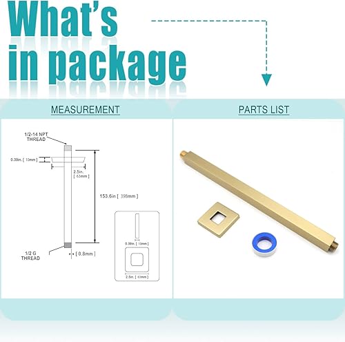 Miniatura 7 de Brazo de ducha de montaje en techo con brida de 20 pulgadas, extensor recto cuadrado de repuesto de tubería, brazo de ducha largo para cabezal de