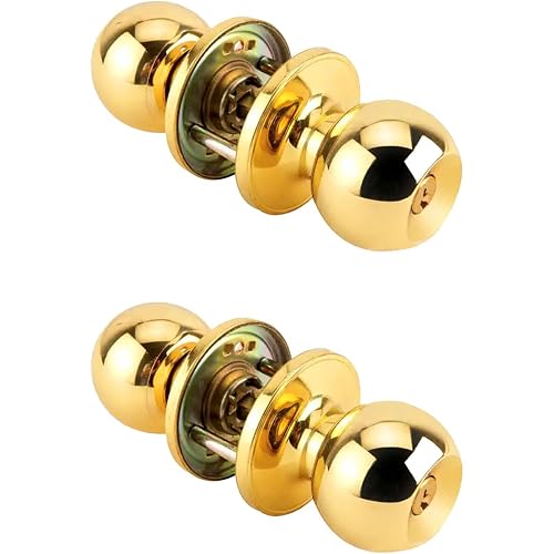 2 Pack Gold Door Knobs with Lock and Keys, Round Ball Door Handle | Stainless Steel Interior and Exterior Door Lock, Standard Ball Door Locks for Bedrooms/Bathroom