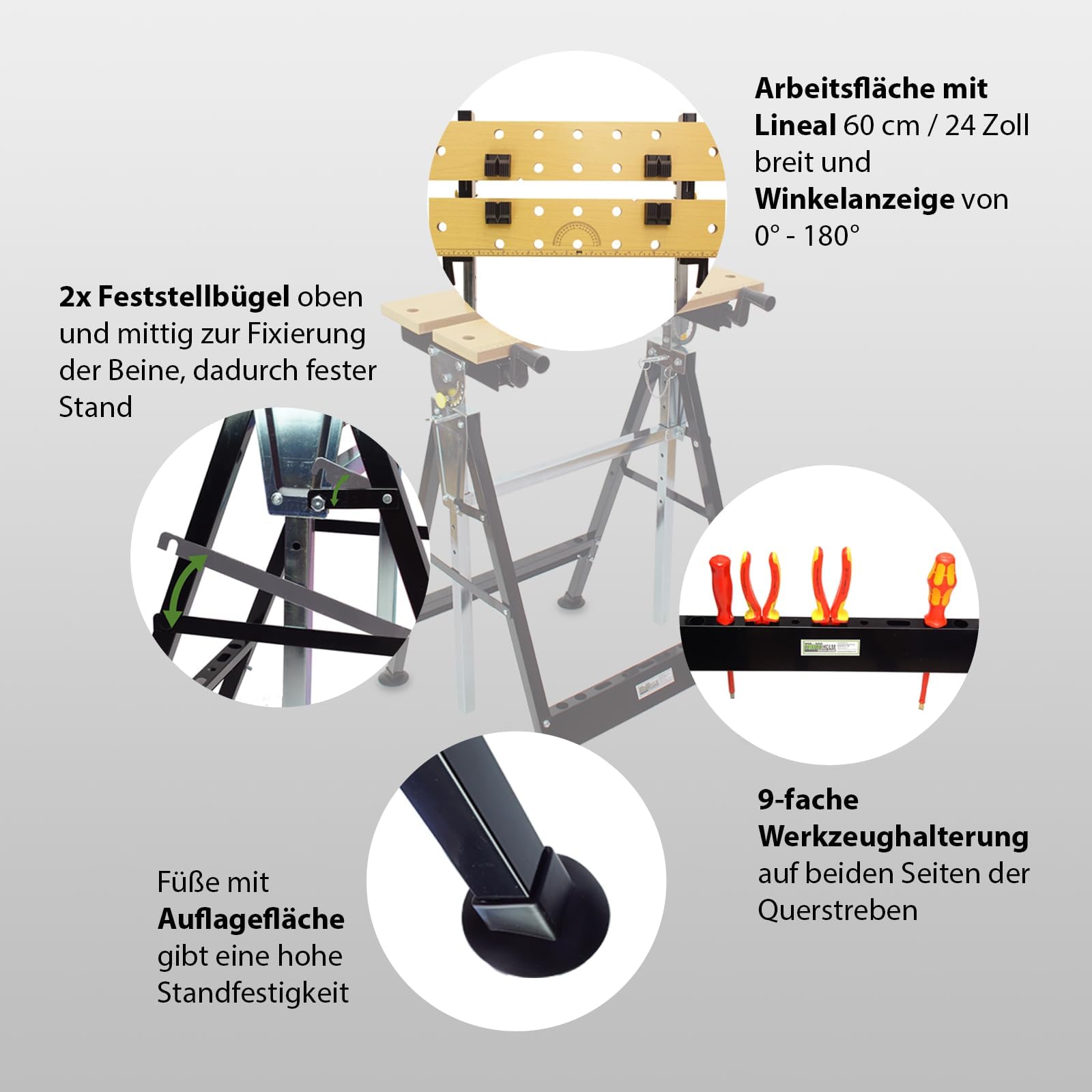 TRUTZHOLM Werkbank klappbar 7-Fach höhenverstellbar Werktisch Spanntisch mit Backen Arbeitstisch bis 100kg große Arbeitsfläche, zum Schleifen, Einspannen von Werkstücken, Sägen, Höhe bis 114 cm