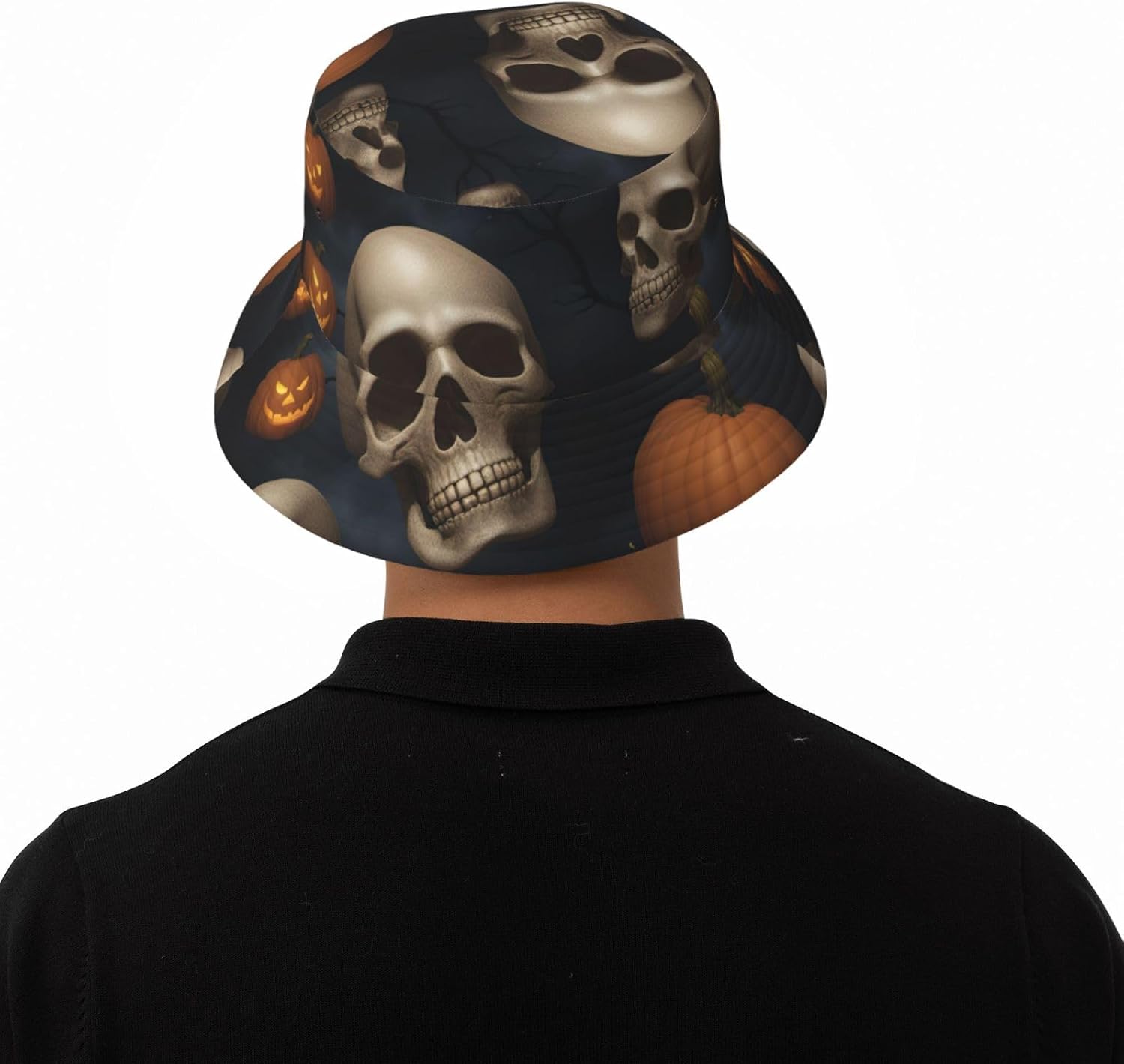 Halloween Skull Print Sun Hat Outdoor Fisherman Cap Summer Bucket Hat Beach for Men Women Black