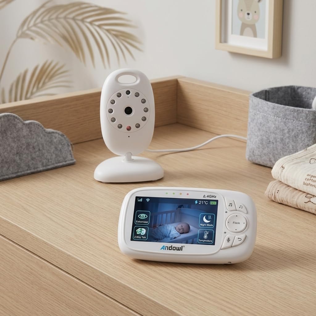 Baby Monitor Video Wireless 2.4GHz – Videocamera per Neonati con Visione Notturna, Audio Bidirezionale, Sensore Temperatura, Ninne Nanne – Portata 260m – Schermo LCD