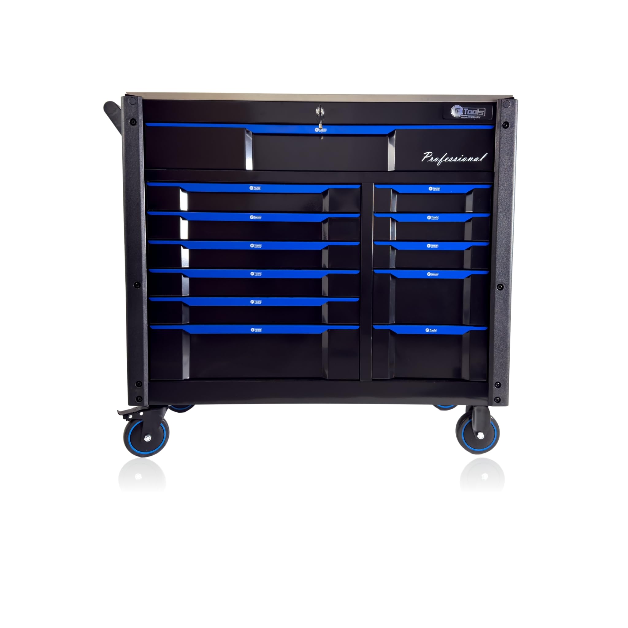 Carro de herramientas profesional con 12 cajones, color negro y azul, con ruedas