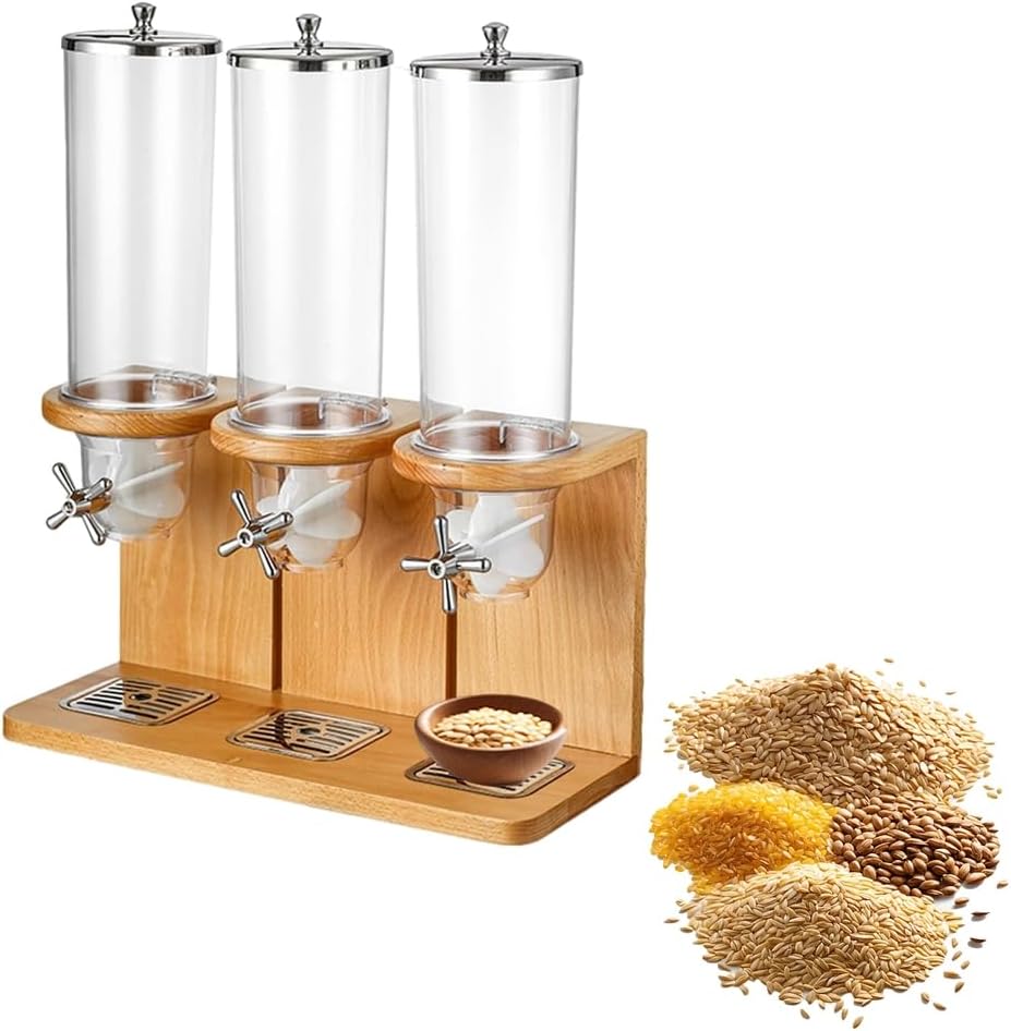 Three Bucket Countertop Cereal Dispenser, Dry Food Dispenser Cereal Container Storage Dispenser with PC Bucket and Wooden Base for Home Kitchen