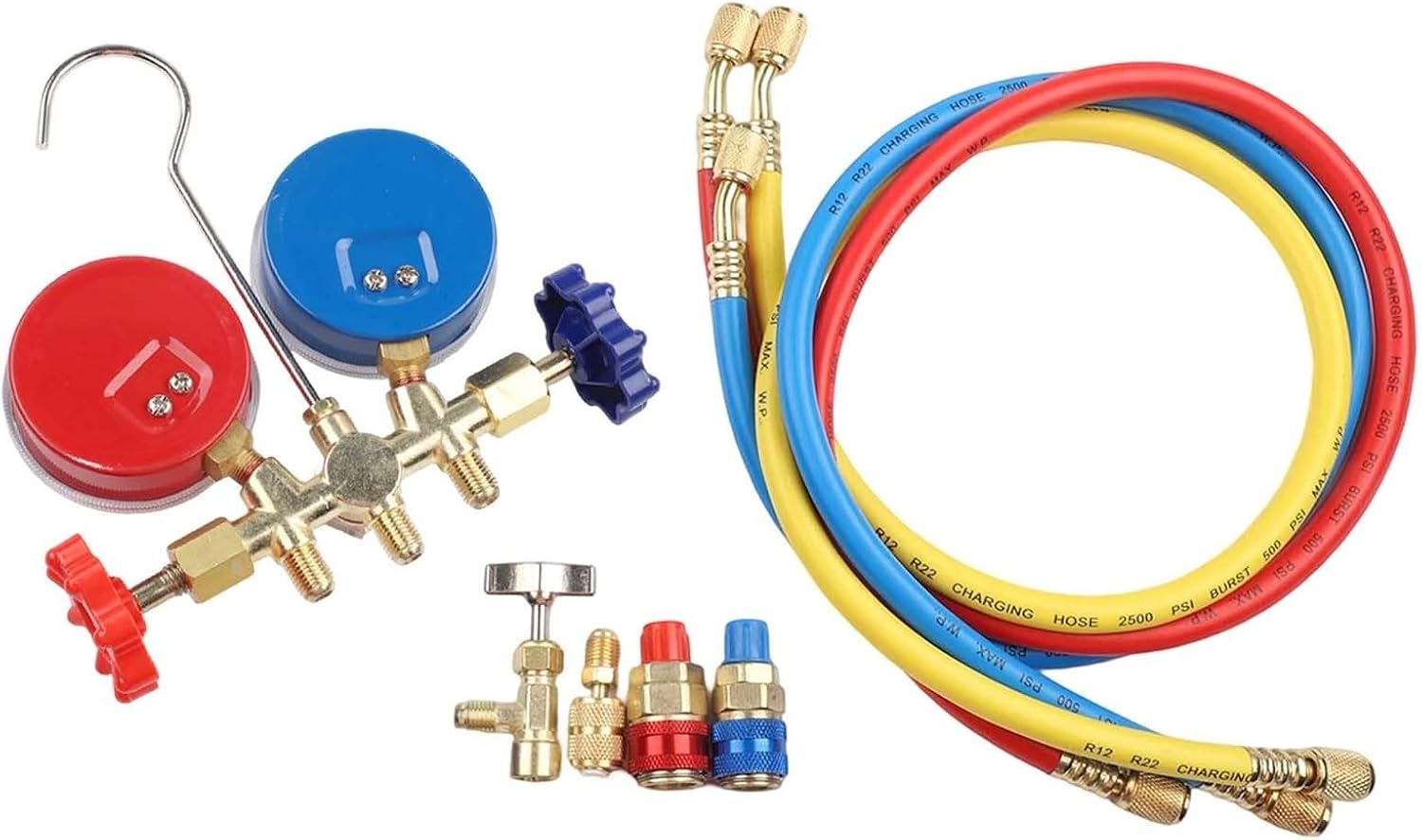 Manifold Gauge Kit for R410A R32 R404A R134A Refrigerants, for HVAC AC Service Tool with Dual Gauges, Brass Manifold, 3 Hoses and Hook, for Air Conditioning and Refrigeration Repair(A)