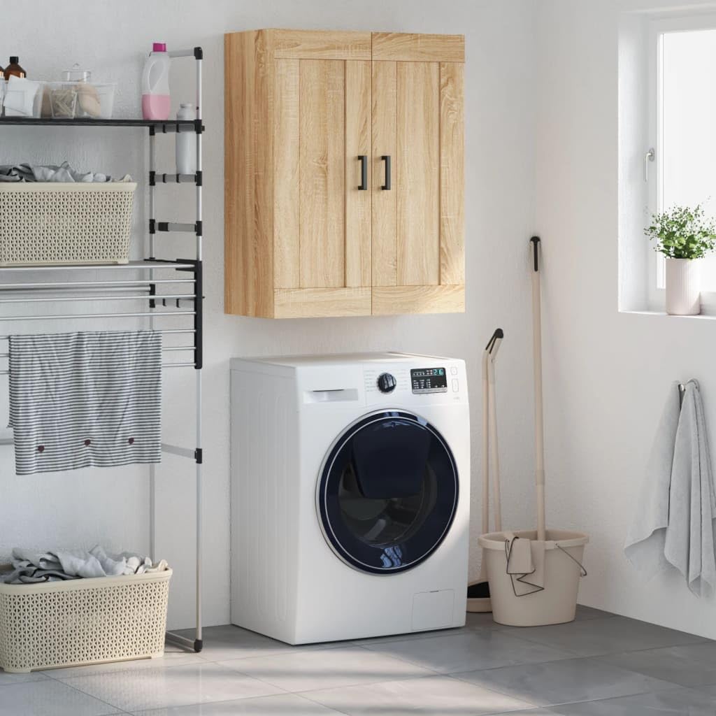Armadio da parete Sonoma rovere 69,5 x 34 x 90 cm, in legno con 3 scomparti e 2 ante, moderna credenza sospesa con maniglie in ferro per soggiorno, camera da letto, corridoio e cucina