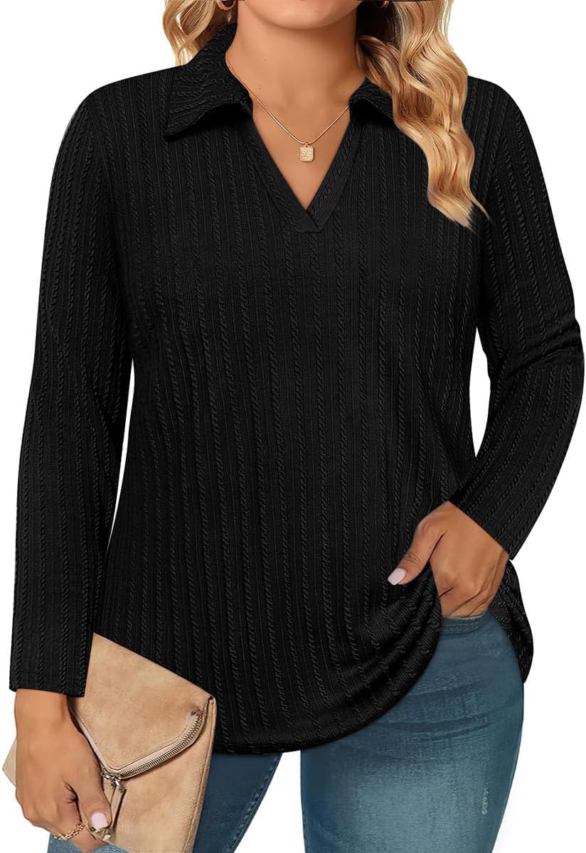 RITERA Plus Size Polo Shirts for Women Knit V Neck Tops Fall Winter Long Sleeve Collared Shirts XL-5XL