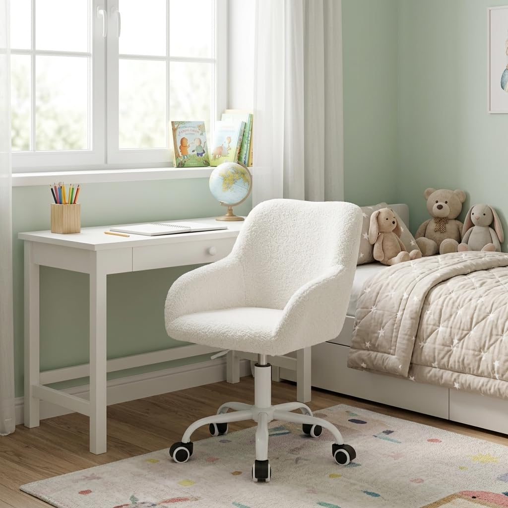 HEAH-YO Swivel Kids Chair with Wheels, Adjustable Kids Desk Chair with Armrest and Back, Cute Sherpa Kid Study Chairs for Boys and Girls, White