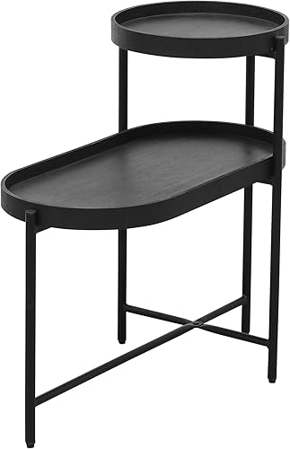 Miniatura 8 de Mesa auxiliar moderna de metal con bandeja redonda, mesa auxiliar de sofá de 2 niveles, mesa auxiliar de metal con estante de almacenamiento para