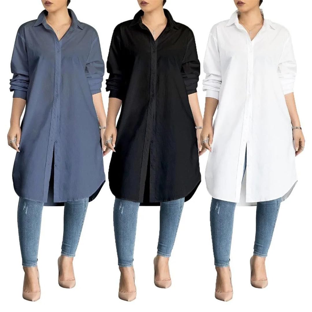 Camicetta lunga da donna con colletto rovesciato, alla moda, casual