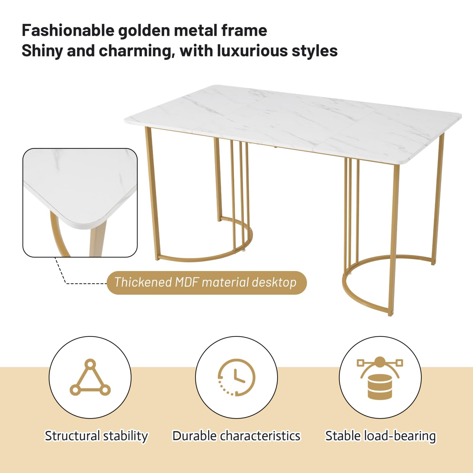 KOMHTOM Ensemble Table Salle à Manger avec 4 Chaises, Table à Manger 140x80 cm Motif Marbre, Chaises en Velours, Pieds Métalliques Réglables, pour Salon, Chambre, Cuisine (Beige, W)