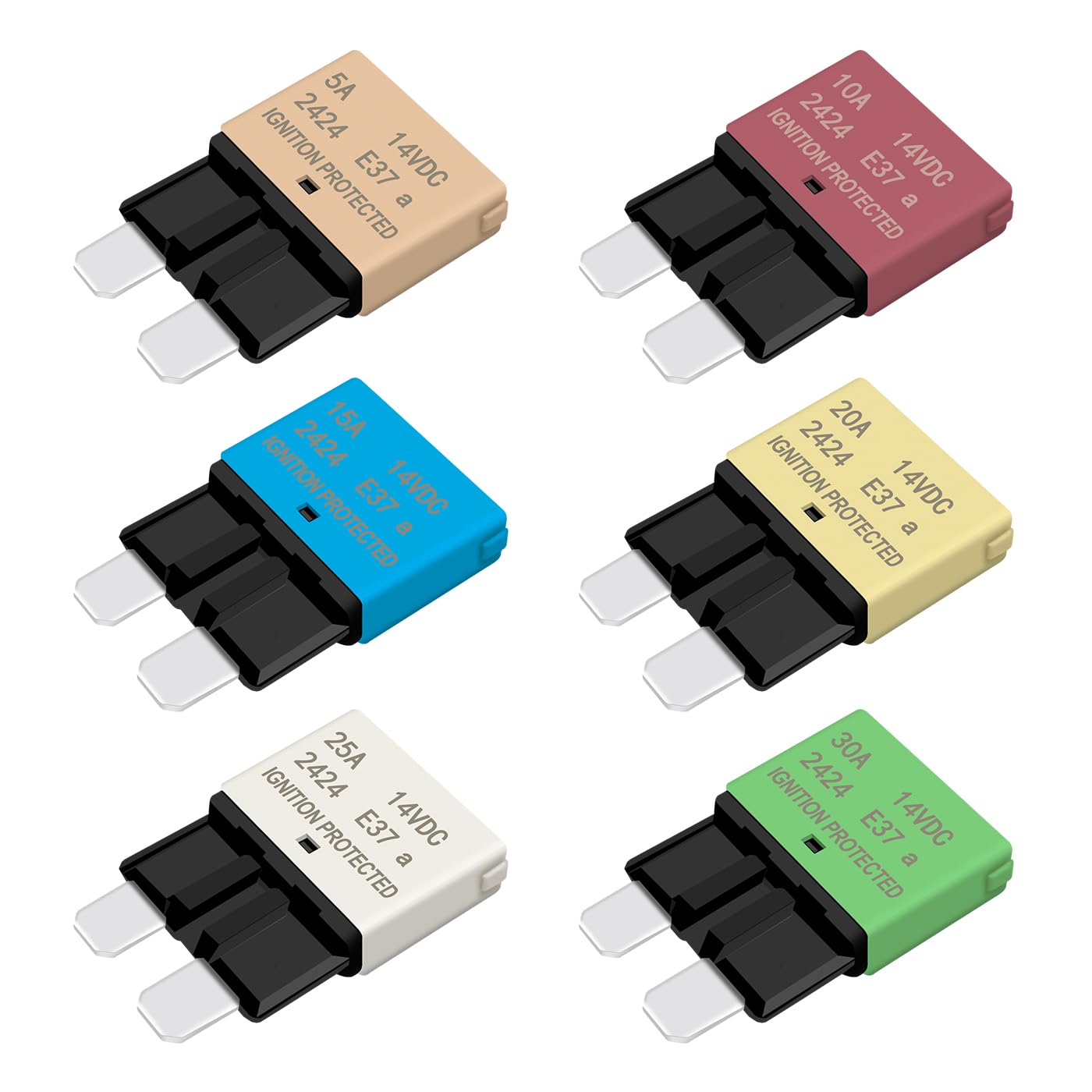 AUTO Reset Fuse Car Standard Blade Fuse Kit 5A 10A 15A 20A 25A 30A ATC/ATO Circuit Breaker for Trolling Motor Truck RV Marine Boat Audio Battery Protection – 14VDC E37 Low Profile Auto Reset Fuses Kit