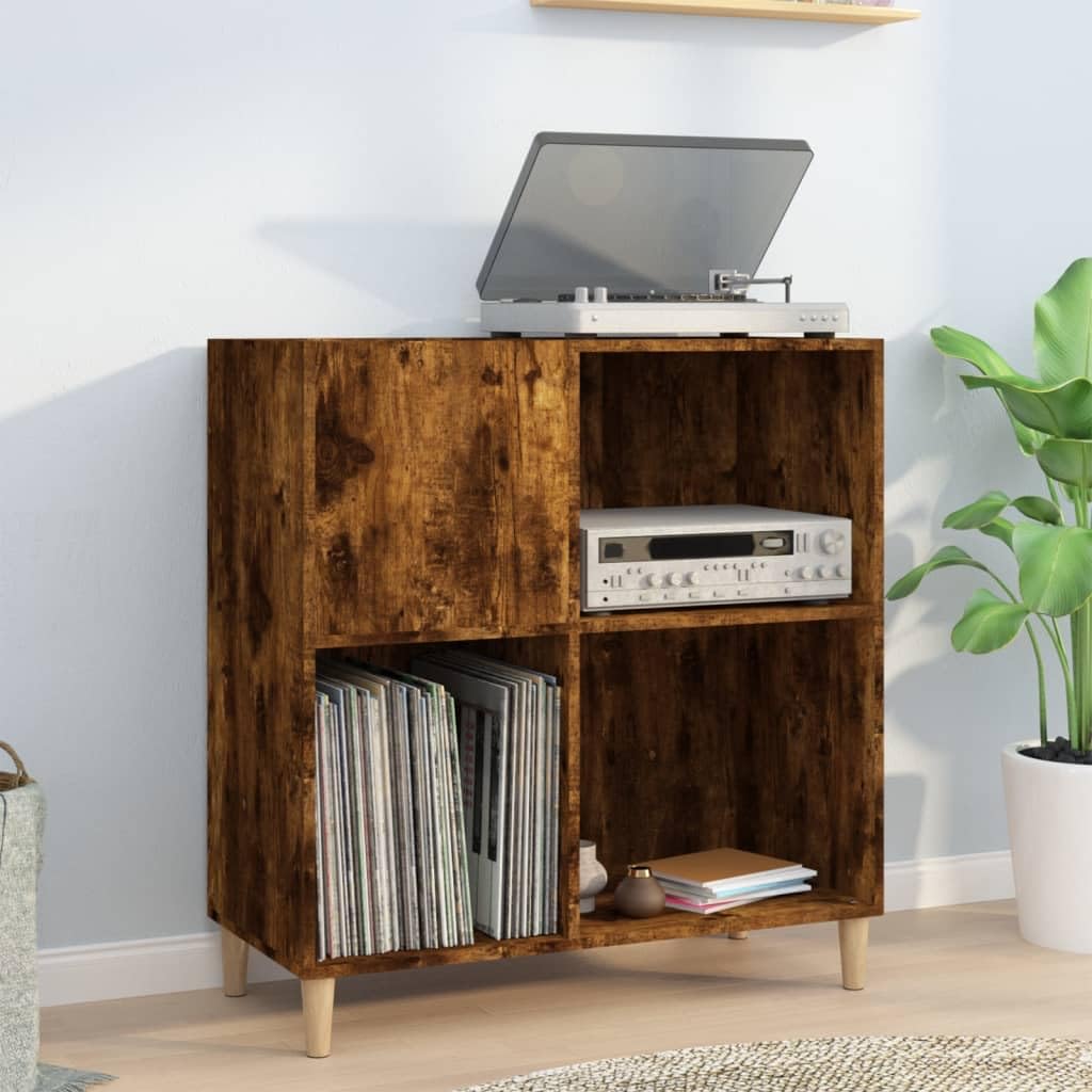 Armadio per dischi in legno di rovere affumicato, 84,5 x 38 x 89 cm, con gambe in legno massello, scaffale per dischi in vinile, per soggiorno