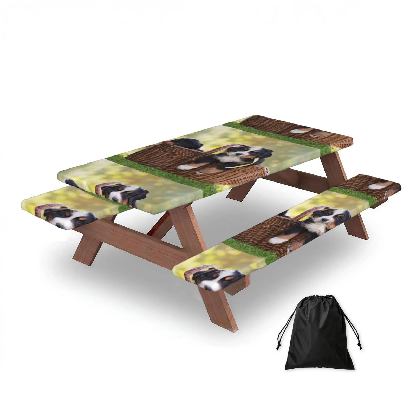 Dopklna As Picture Bernese Mountain Dog Puppies, Picnic Table Cover With Bench Covers -Waterproof Elastic Fitted Tablecloth For Garden Camping Patio 76X152cm