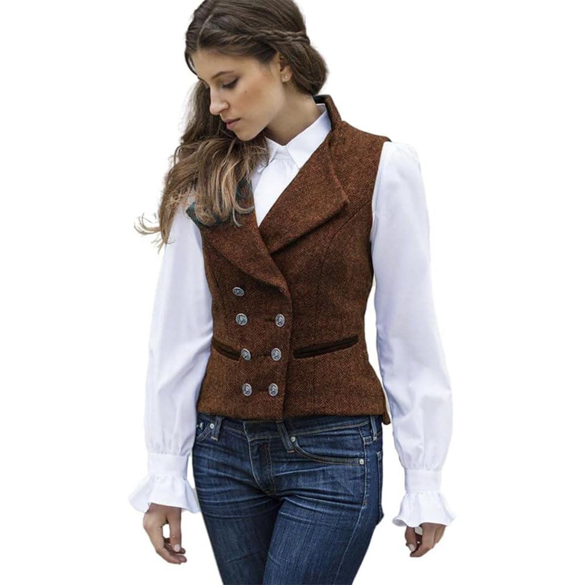 CAMDOM Chaleco de traje vintage de los años 50 para mujer, chaleco de tweed ajustado, chaleco con cuello en V, abrigo de doble botonadura con bolsillos, chaquetas sin mangas