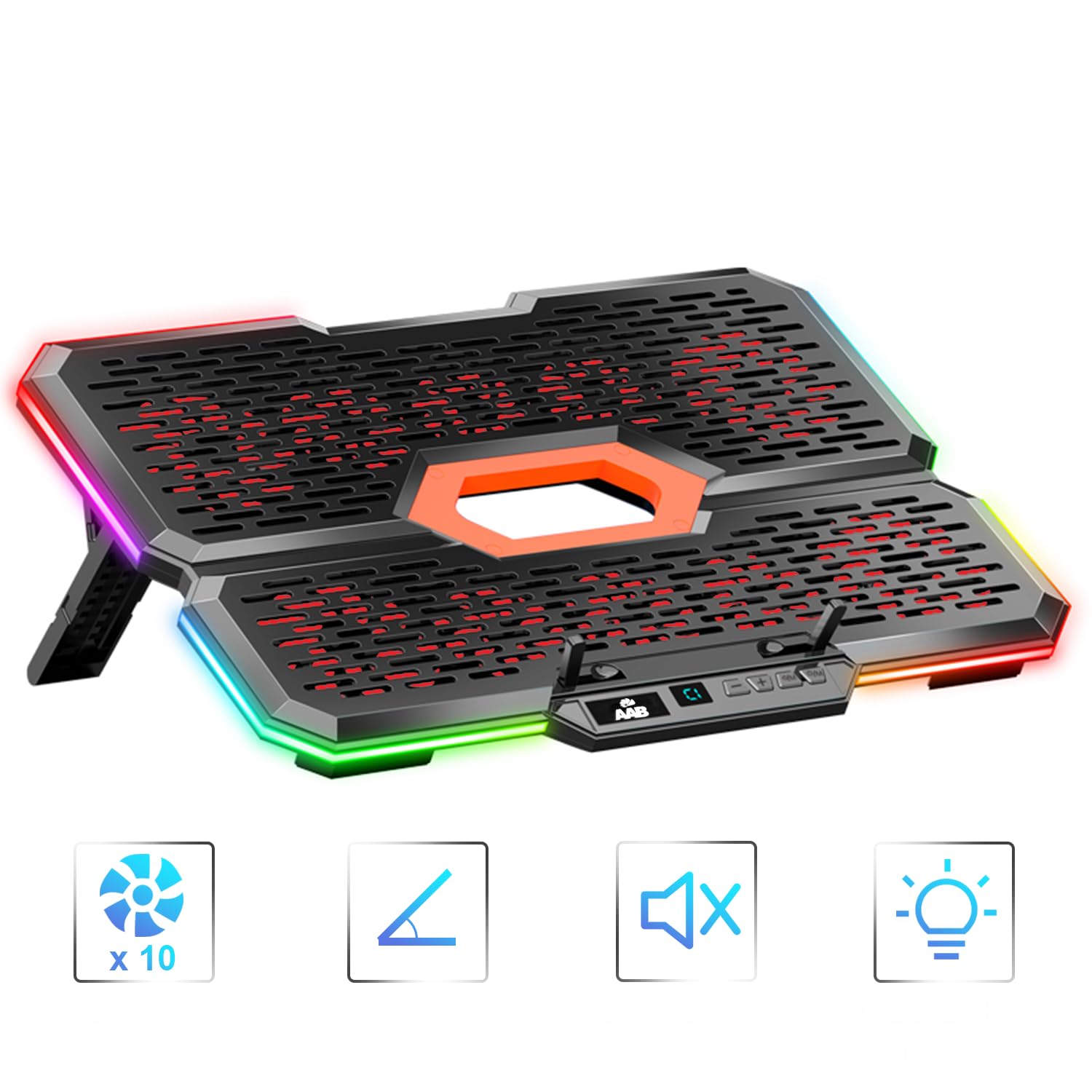 AABCOOLING EFFECTUM -Base de Refroidissement Portable- Ventilateur pour Ordinateur Portable 9-17"- USB-C - 10 LED Ventilateurs Silencieux, Efficaces -Côté rétroéclairé RVB -Réglage de 5 Hauteurs