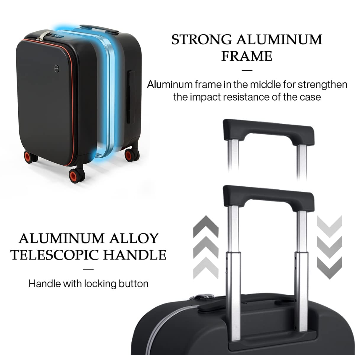 Carry On Luggage, 20'' Suitcase with Front Laptop Pocket, Travel Rolling Luggage Aluminum Frame PC Hardside with Spinner Wheels & TSA Lock and Cover - Black Hollow Wheel