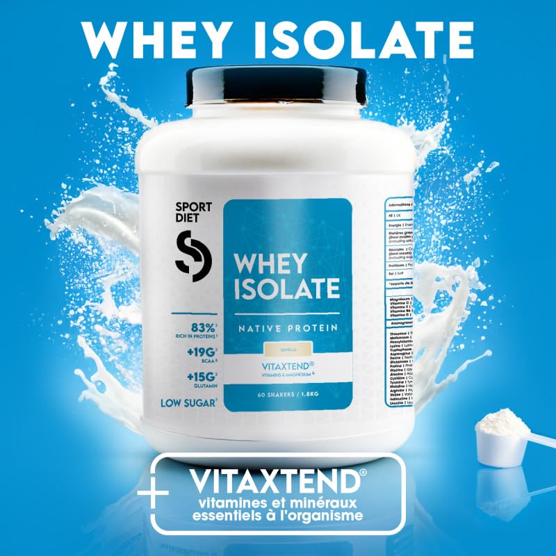 WHEY ISOLATE VITAXTEND – Protéine de Lactosérum Ultra-Filtrée – 24,9g de Protéines, BCAA, Glutamine – Soutien Musculaire, Récupération – Vitamines B6, C, D3, E – Maintien Masse Musculaire – SportDiet