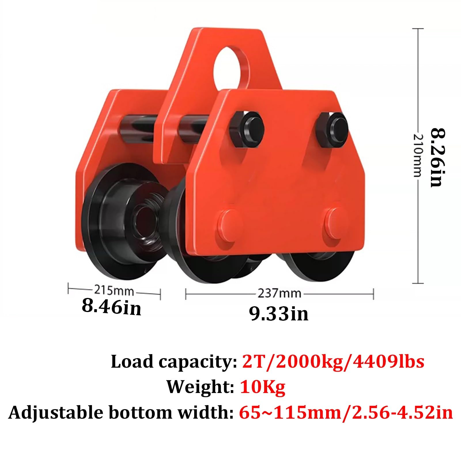Carrello manuale per travi da 2 tonnellate, carrello per travi a I per impieghi gravosi con larghezza regolabile da 6,5 ​​cm a 11,5 cm, per paranchi a ponte, gru, sollevatori da garage