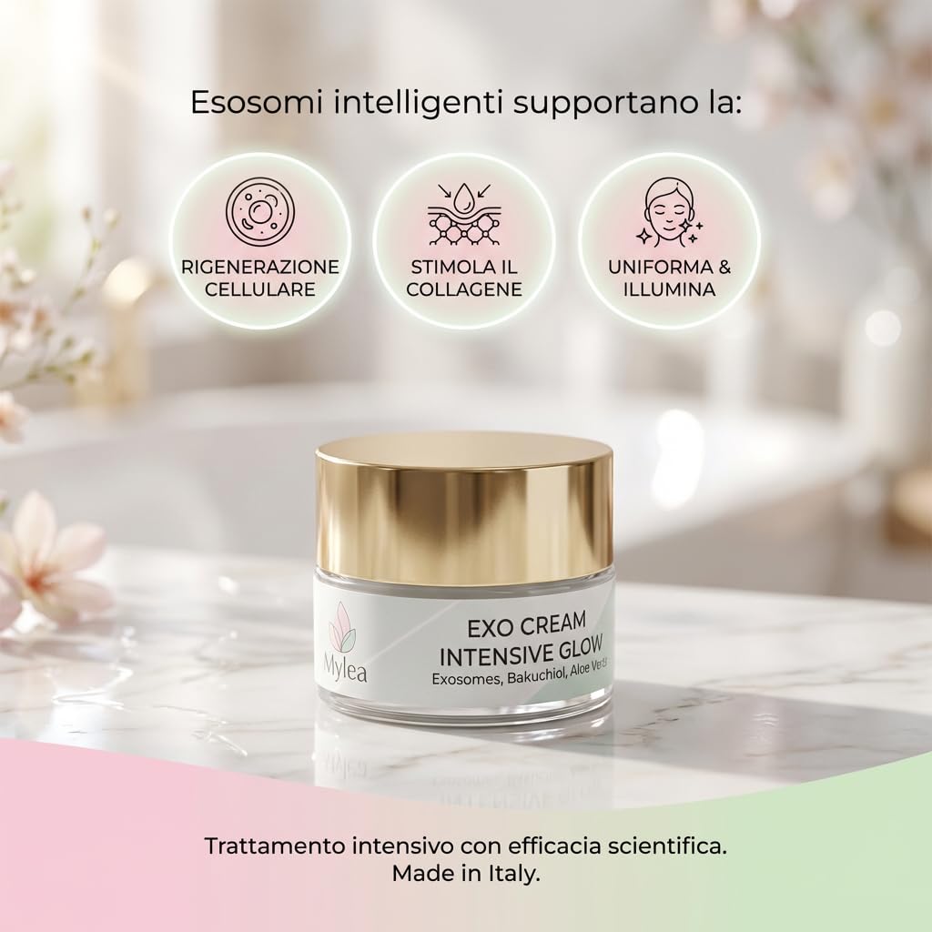 Mylea ExoCream Crema Viso Antirughe Esosomi e Bakuchiol anti age 50ml | Crema idratante antimacchie, texture ricca, riduce rughe e discromie, pelle luminosa e compatta, made in Italy