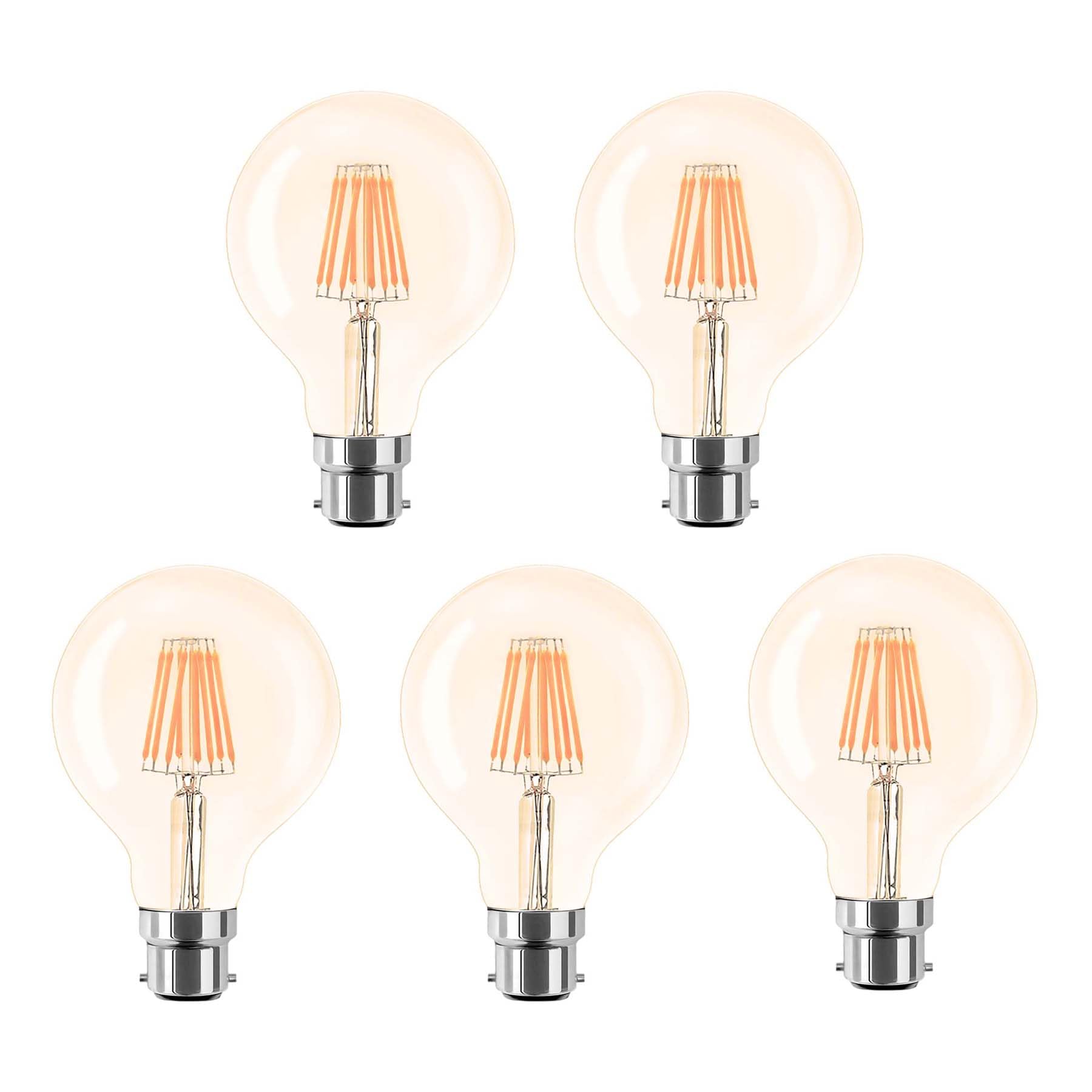 G.W.Sยฎ LED Filament Bulb, G80 B22 Bayonet, LED Globe Bulb, 8W Dimmable Warm White 2700K, Amber Glass, Pack of 5