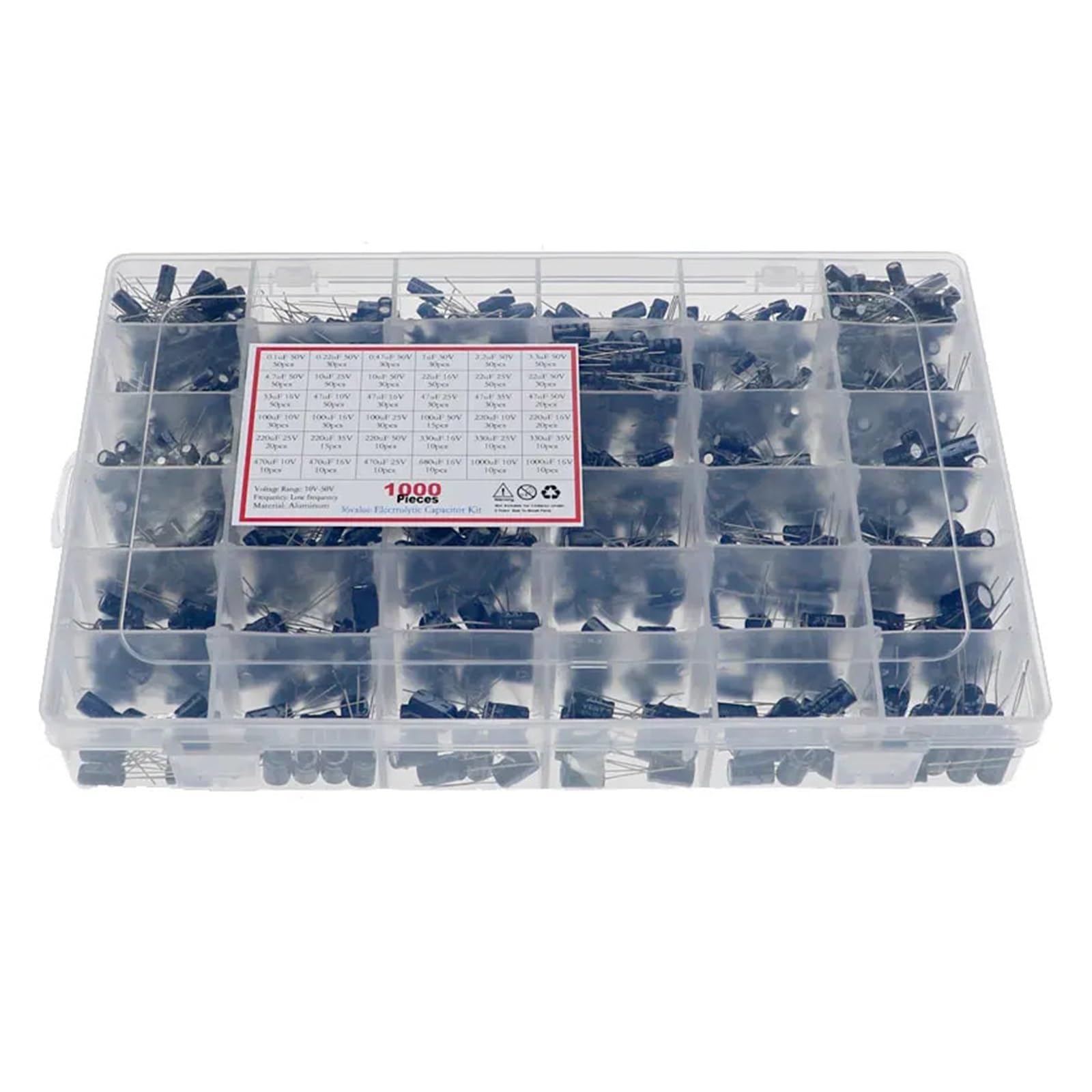 1000pcs 36Values 0.1uF -1000uF 16V 25V 35V 50V Capacitors 4.7UF 10UF 22UF 33UF 47UF Electrolytic Capacitor Assortment Box Kit IINKUEYK