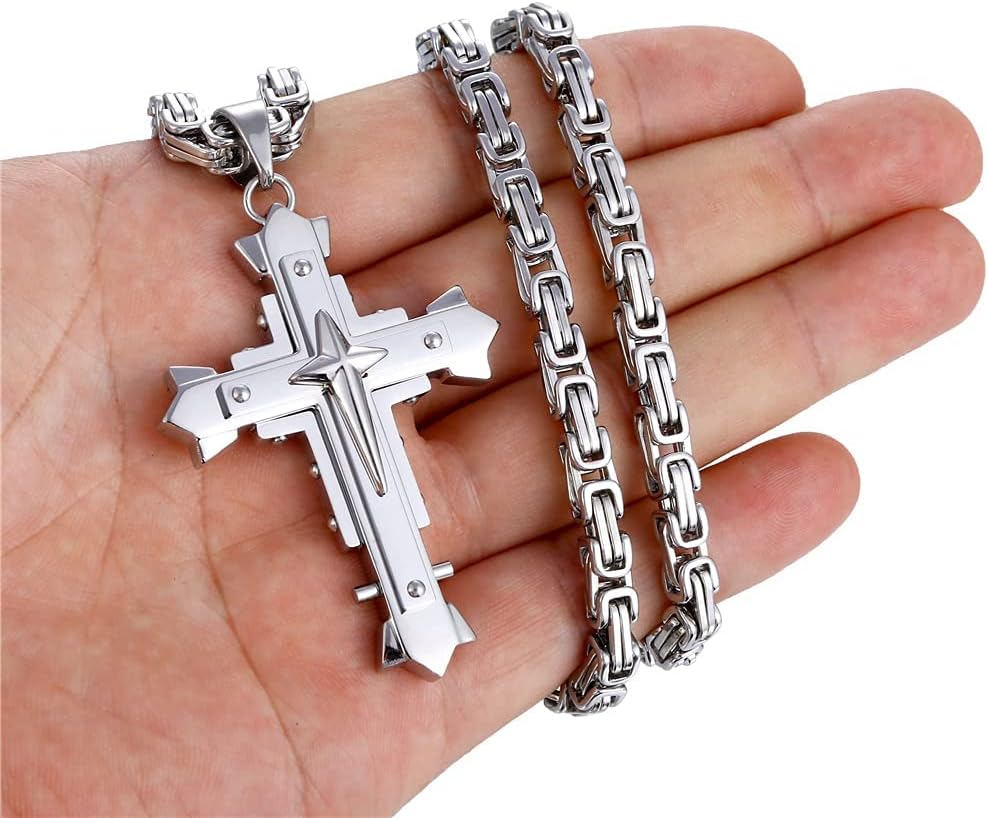 Stainless Steel Large Jesus Christ Cross Pendant Necklace Religious Jewelry For Men,On 24 In Rolo/Byzantine Chain,Silver/Gold/Black - Image 5