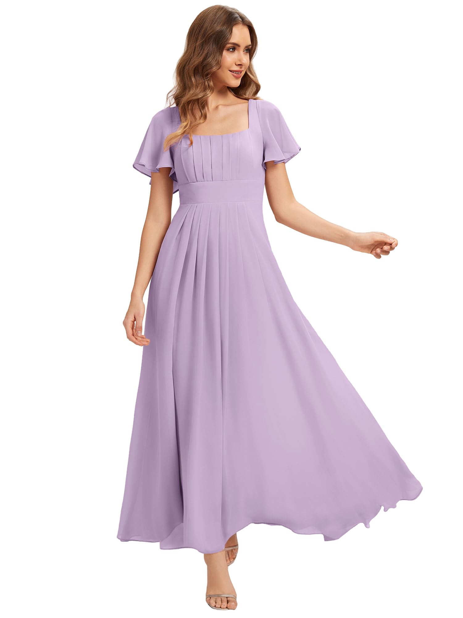 Ever-Pretty Abiti da Damigella Collo Quadrato Maniche Corte Chiffon Maxi Gonna Svasata ES02703
