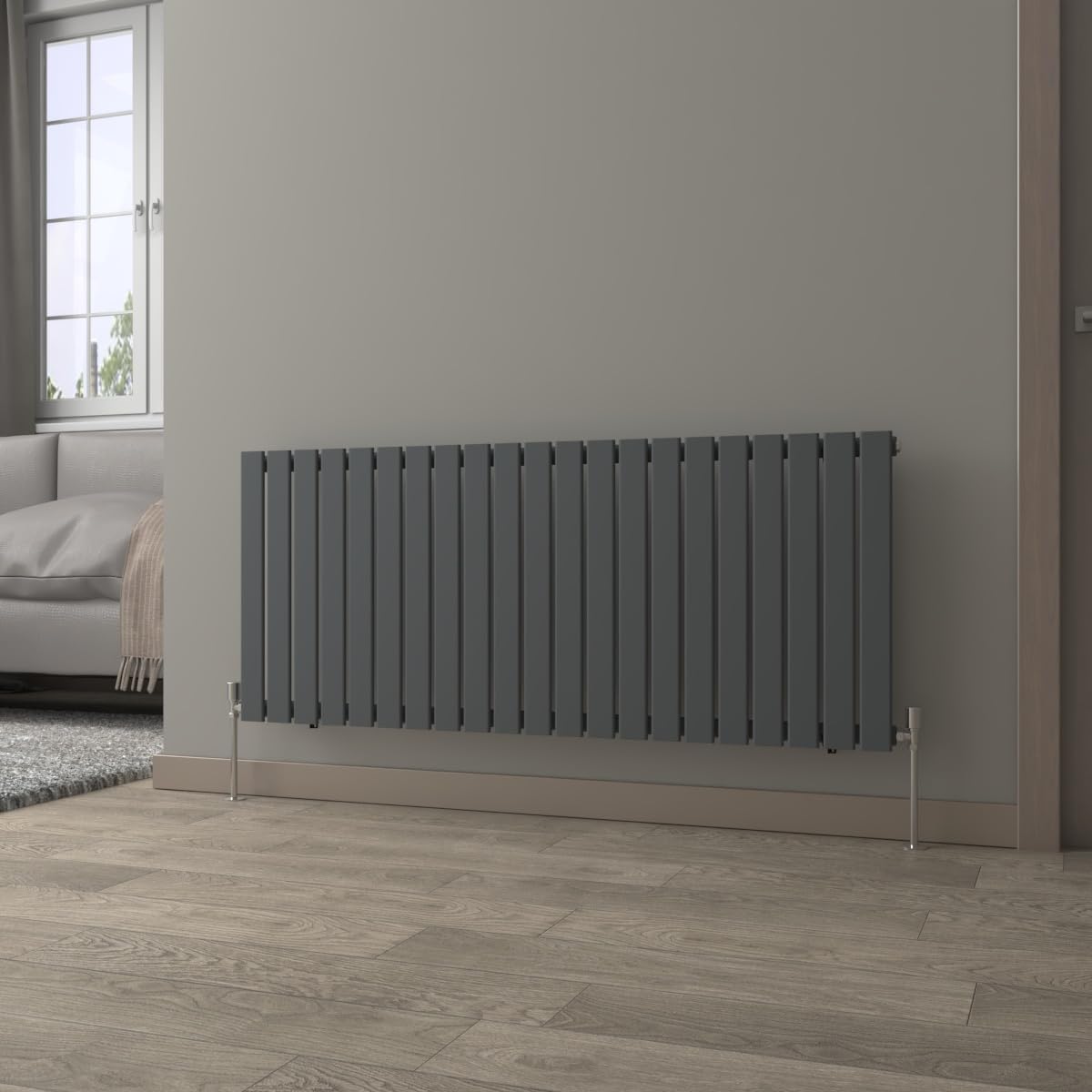 NRG 600x1428mm Horizontal Radiator Anthracite Single Flat Panel with Valves