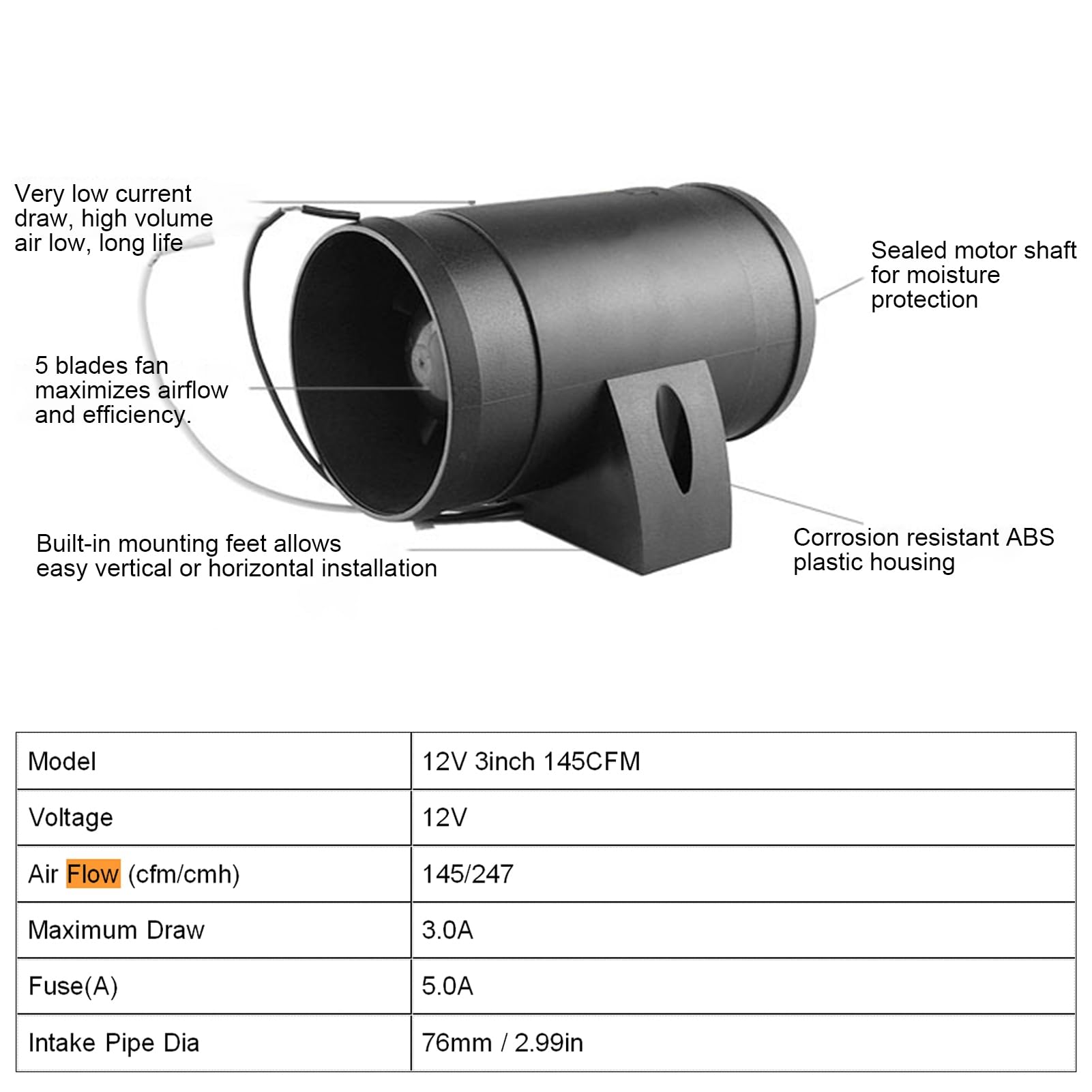 Yctze Ventilador de Escape, Ventilador de escape de ventilación de cabina de 12 V y 3 pulgadas para RV, barco, yate, baño, almacén, ventilador de escape para RV, ventilador para RV