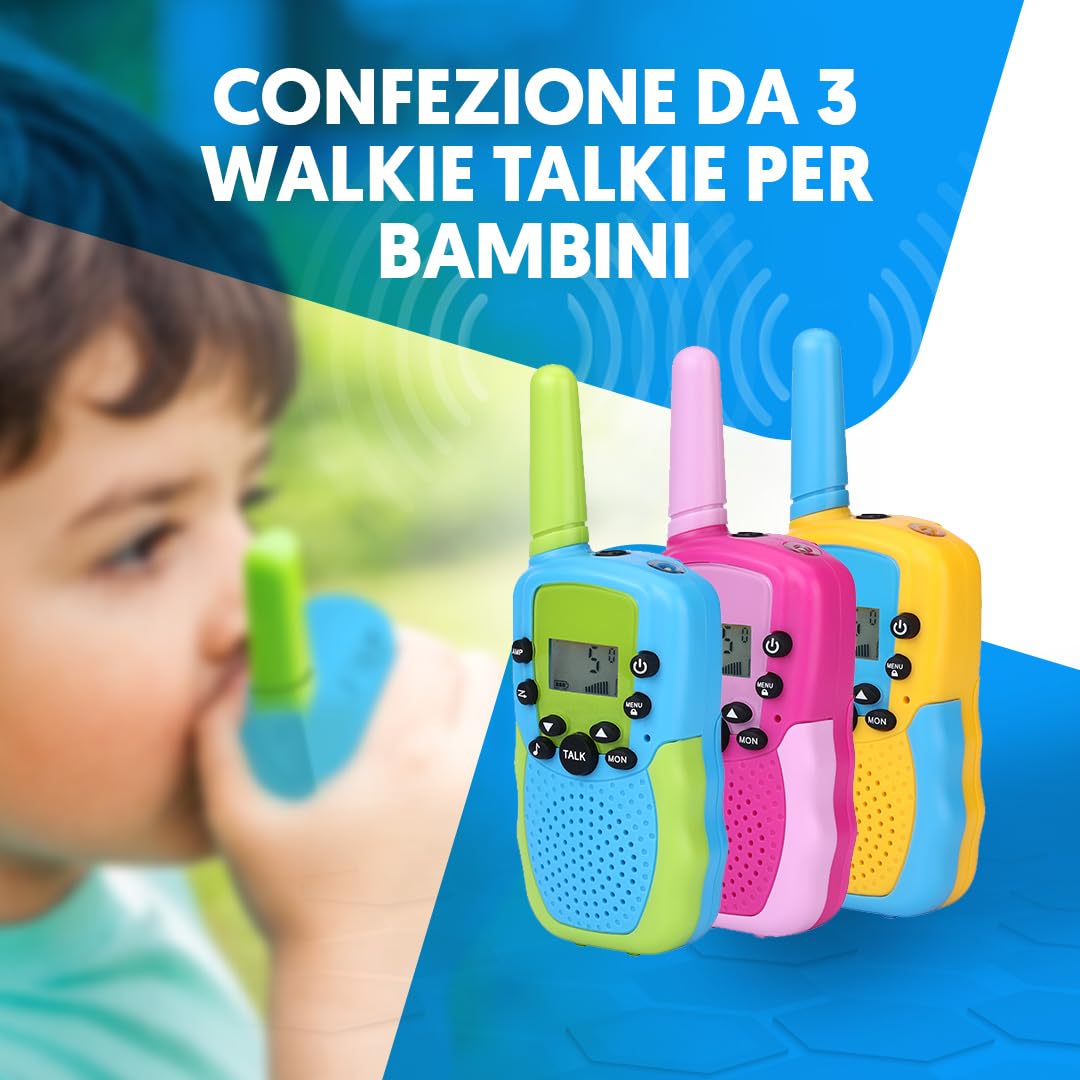 NK Set di 3 Walkie-Talkie per Bambini di 4 5 6 7 8 9 Anni (Batterie Incluse) - Lunga Distanza 3km, Display LED, 22 Canali, Giocattolo per Bambini con Torcia, Regalo di Natale Compleanno (3 unità)